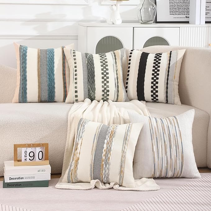 Tosleo Boho Throw Pillow Covers 18x18 Set of 2 Striped Decorative Pillow Cases Accent Chenille Pillowcases Farmhouse Cushion Case Bohemian Nuetral Textured Pillow Cover,Black and Beige