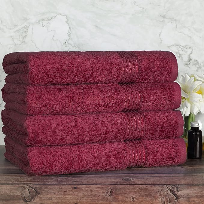 Superior Egyptian Cotton 4-Piece Bath Towel Set for Shower, Bath, Spa, Resort, Hotel, Soft Body Towels, Airbnb Essentials, Apartment, Dorm, Quick Dry, Absorbent, Bathroom Basics, Burgundy