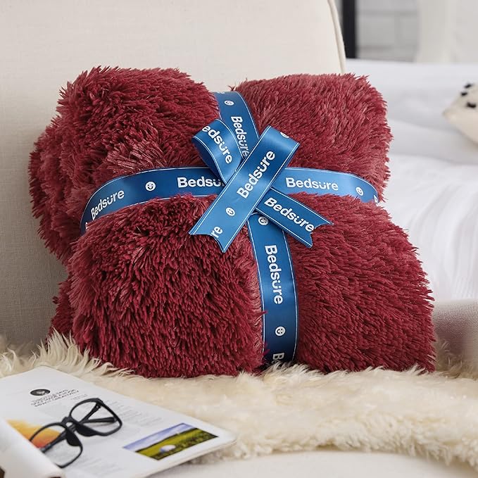 Bedsure Fluffy Burgundy Red King Size Blanket for Bed, Thick Soft Sherpa Faux Fur Fleece Bedding Fuzzy Plush Winter Warm Heavy Oversize Big Large King Blanket, Cozy Red Gifts for Men Women, 108x90