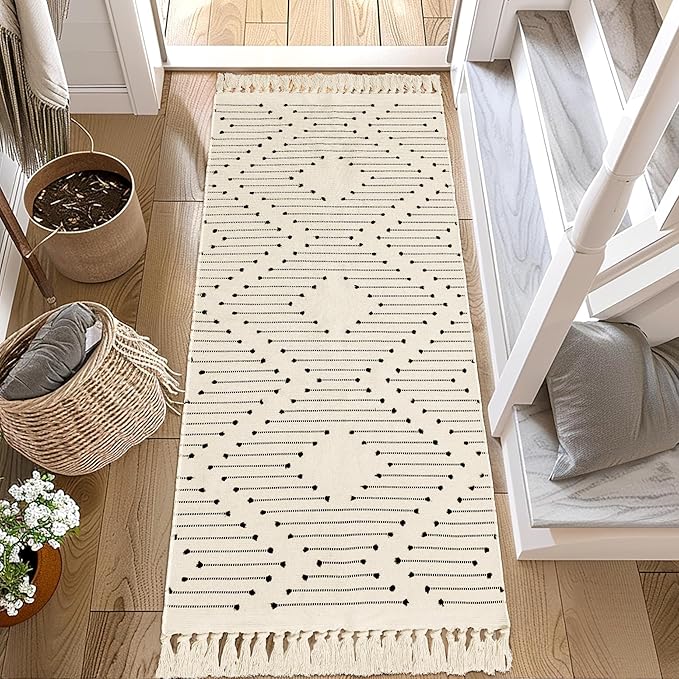 Tritard Boho Runner Rug 2x6 - Washable Hallway Rug with Tassel, Lightweight Woven Farmhouse Kitchen Runner Rugs Cotton Aztec Indoor Low Pile Thin Carpet for Entryway, Laundry, Bathroom, Beige Cream