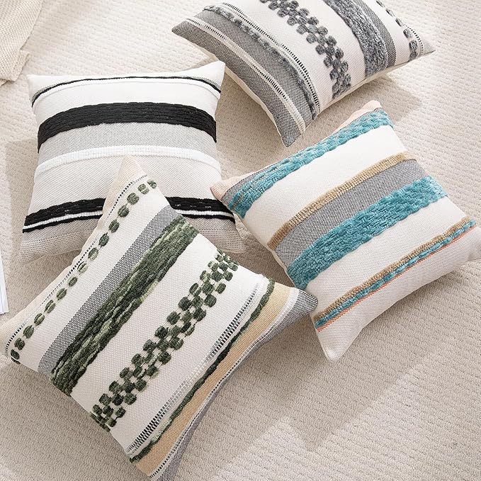 Boho Pillow Covers 18x18 Set of 2 for Couch-Modern Farmhouse Sofa Decorative Throw Pillow Covers Textured Chenille Cushion Covers Outdoor Netural Bohemian Pillow Cases Square