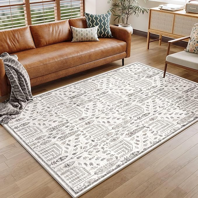 Area Rug 5x7 Washable Grey Carpet Non Slip Large Boho Thin Floral Farmhouse Throw Accent Rug for Living Room Bedroom Office Kitchen Bathroom