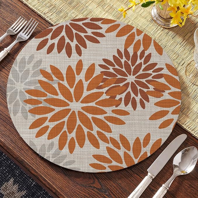 Artoid Mode Orange Dahlia Plastic Round Placemats Set of 4, 14 Inch Seasonal Wipeable Woven Vinyl Table Mats for Farmhouse Party Kitchen Dining Decor