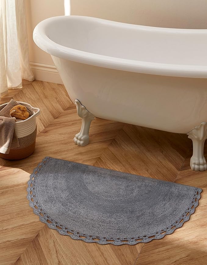 Half Circle Bohemian Bathroom Rug with Handwoven Chrochet Border, Beautifully Handcrafted 100% Cotton Mat - 22x42", Round Boho Bedroom Rug, Boho Bathroom Décor, Machine Washable - Charcoal Grey