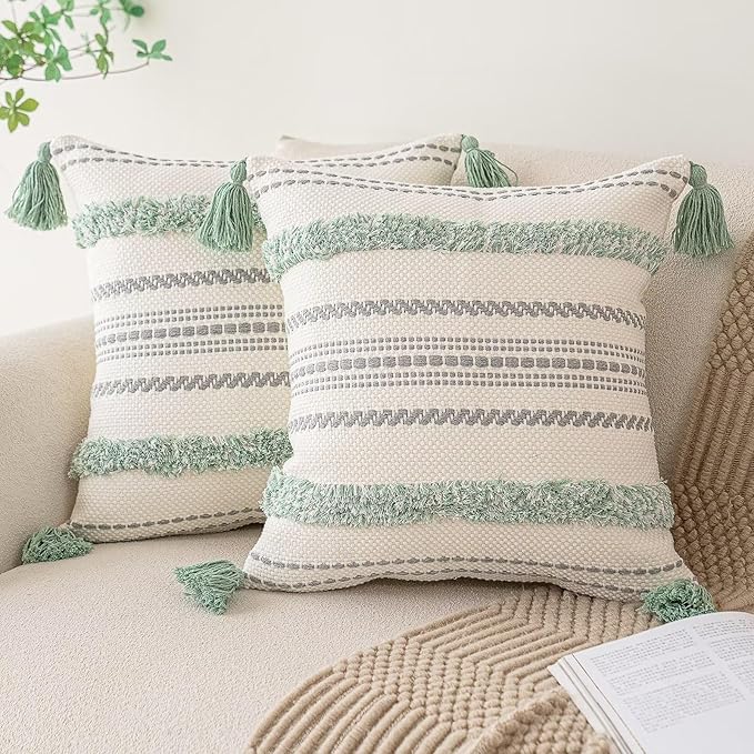 Boho Throw Pillow Covers 20x20 Set of 2 Woven Tufted Farmhouse Pillows Cover with Tassels Textured Striped Cushion Case Neutral Pillow Cases Decorative Pillowcase for Couch, Bed, Light Green