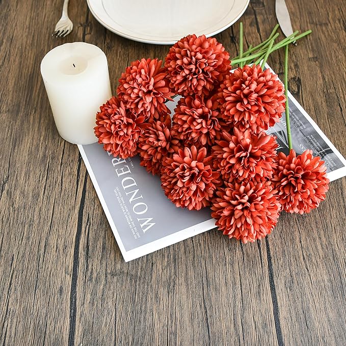 Mandy's Burnt Orange Artificial Ball Chrysanthemum 12 Stems Faux Flowers with Bendable Stems for DIY Wedding Centerpiece Fall Decor Home Arrangements