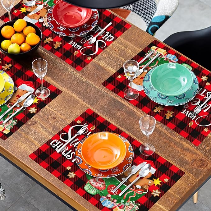 Giwawa Gingerbread Placemats Set of 4, Have A Sweet Christmas Red Black Buffalo Plaids Place Mat, Winter Hot Cocoa Cookie Table Mats 12"x18" for Kitchen Dining Holiday Party Decor