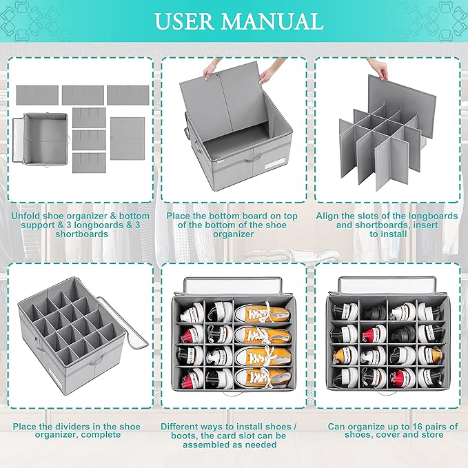 Shoe Organizer for Closet, Fits 16 Pairs, Large Shoe Box Storage Containers, Clear Foldable Shoe Storage Bins w/Bottom Support, Space Saving Shoes Holder w/Reinforced Handles, Gray