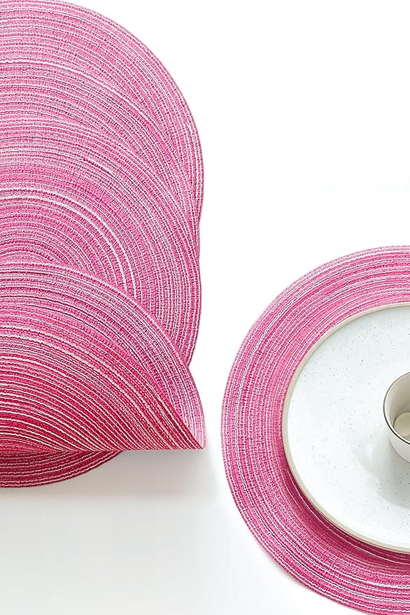 Floroom 15 Inch Round Braided Placemats Set of 4, Washable Heat Resistant Cotton Polyester Circle Place Mats for Kitchen Dining Table - Berry Pink