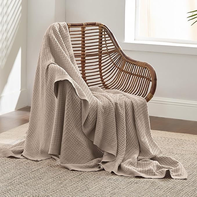 Bedsure 100% Cotton Large Throw Blanket for Couch 50x70 inches - Breathable and Soft, Waffle Weave Throw Blanket for Office, Tan