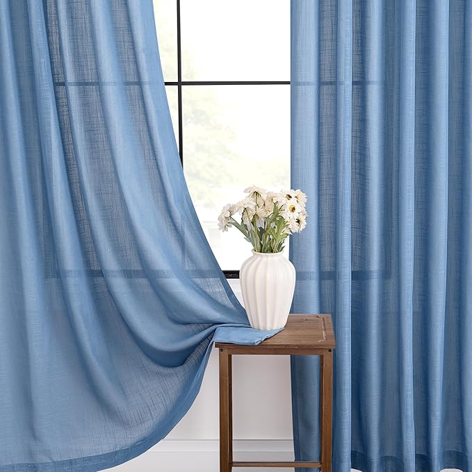 Denim Blue Curtains for Living Room Back Tab Modern Farmhouse Semi Sheer Blue Curtains 102 inches Long 2 Panels Set Muted Neutral Window Curtain for Dining Room Bedroom 52x102