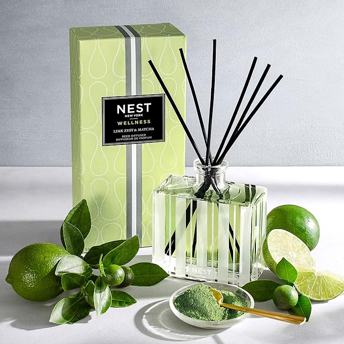 NEST New York Reed Diffuser, Lime Zest & Matcha - 5.9 fl oz - Fragrance for Up to 90 Days - Reusable, Refillable Glass Holder - Includes 8 All-Natural Reed Sticks - Flame Free