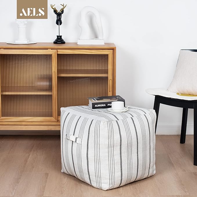 AELS Unstuffed Farmhouse Pouf Cover for Living Room, Storage Bean Bag Cubes, Off White & Gray Stripes Linen Square Ottoman Pouf Foot Rest Footstool, 18"x18"x18", Cover ONLY