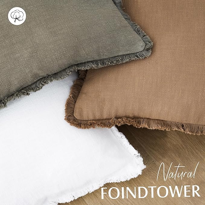 Foindtower Set of 2 Decorative Linen Fringe Throw Pillow Covers Cozy Boho Farmhouse Cushion Cover with Tassels Soft Accent Pillowcase for Couch Sofa Bed Living Room Home Decor, 16×16 Inch, Khaki Brown