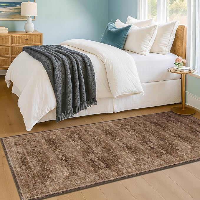 Brown Boho Washable 2x6 Runner Rugs for Hallway Kitchen Bedroom Beside Laundry Room Bathroom Rug, Pet & Kids Friendly, Non Slip Low Pile Stain Resistant Soft Faux Wool Long 24 x 72 Floor Carpet