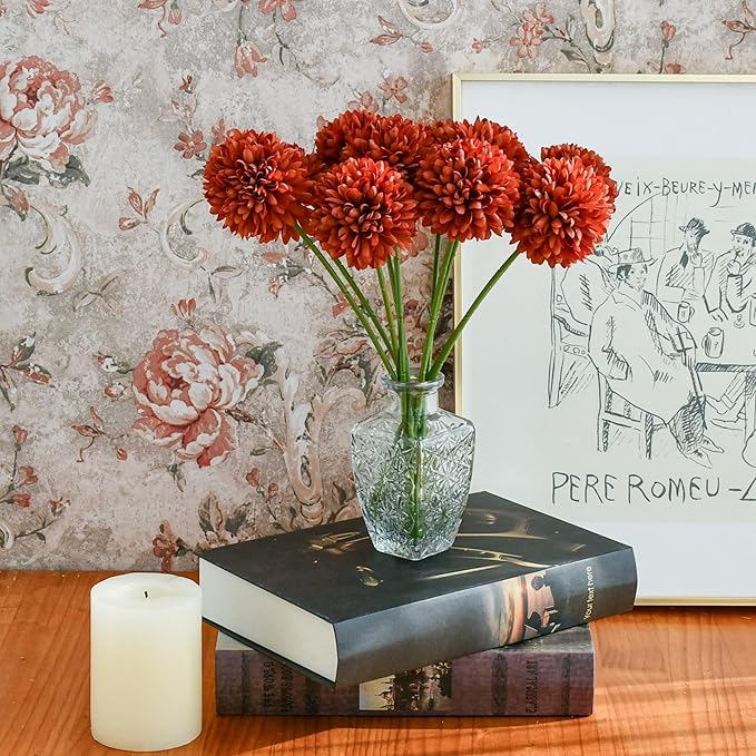 Mandy's Burnt Orange Artificial Ball Chrysanthemum 12 Stems Faux Flowers with Bendable Stems for DIY Wedding Centerpiece Fall Decor Home Arrangements