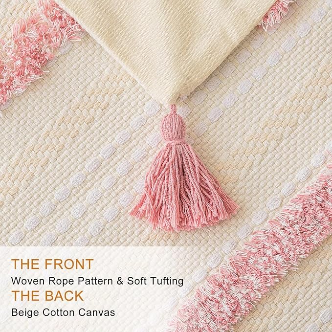 Boho Throw Pillow Covers 20x20 Set of 2 Woven Tufted Farmhouse Pillows Cover with Tassels Textured Striped Cushion Case Neutral Pillow Cases Decorative Pillowcase for Sofa, Couch, Bed, Pink