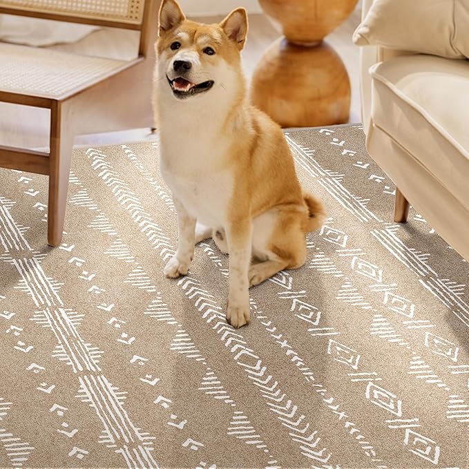 Area Rug 6x9 Living Room Distressed Area Rugs, Non Slip Washable Rugs Large Moroccan Boho Farmhouse Rug for Bedroom Dining Room, Neutral Low Pile Indoor Floor Carpet, Coffee