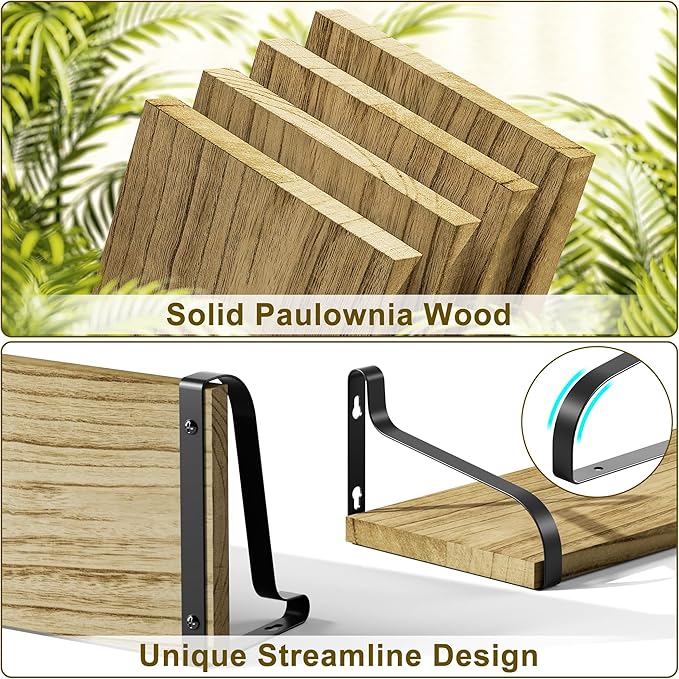 Love-KANKEI Floating Shelves for Wall Set of 4, 15.7 Inch Wood Wall Shelves with Bracket, Rustic Hanging Shelves for Bathroom, Bedroom, Kitchen, Living Room,Office Display Carbonized Black