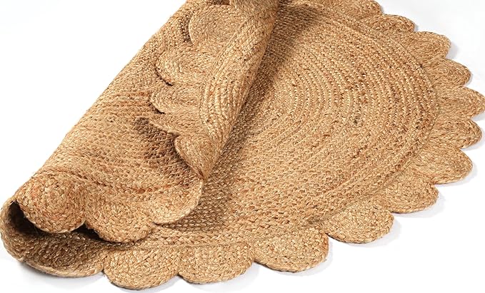 Savi Home Hand Woven Jute Braided Scalloped Rug, 4' Round - Natural, Reversible Area Rugs for Living Room, Farmhouse, Kitchen, Handcrafted 4 Feet Round Area Rugs - Natural