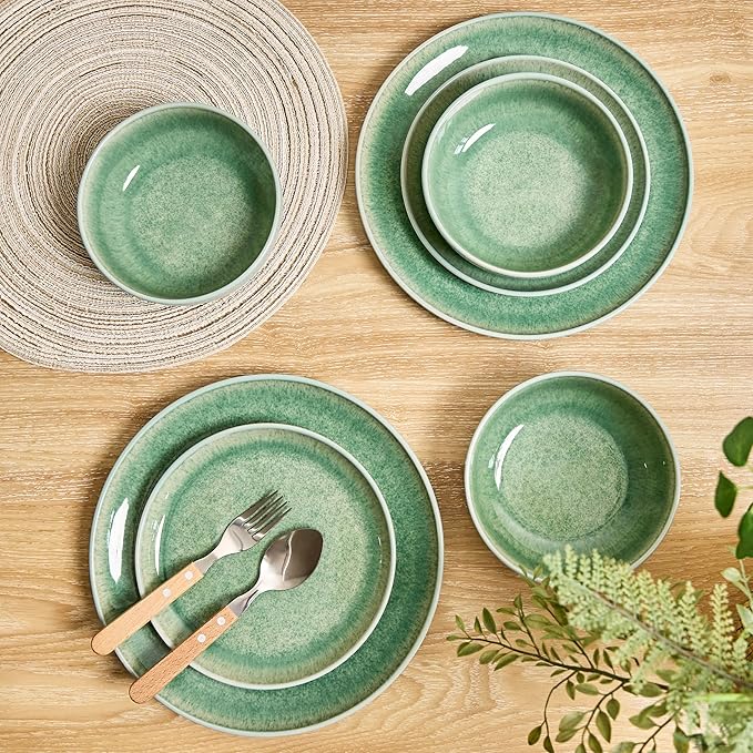 Sango Asher 12-Piece Stoneware Dinnerware Set – Service for 4, Modern Green with Reactive Glaze, Perfect for Everyday Dining & Entertainment, Microwave & Dishwasher Safe