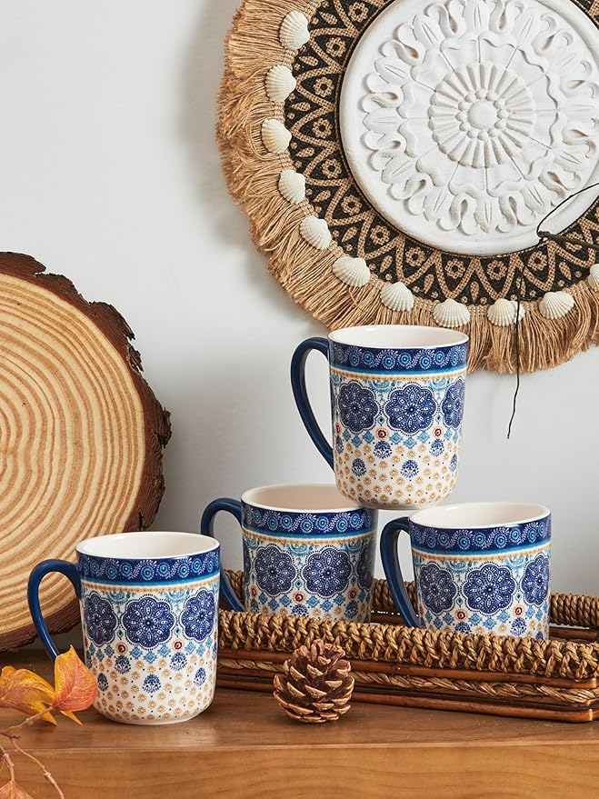 Bico Blue Talavera Ceramic Mugs, Set of 4, for Coffee, Tea, Drinks, Microwave & Dishwasher Safe