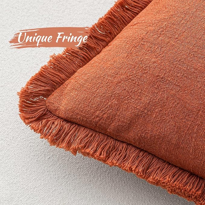 MIULEE Decorative Throw Pillow Covers Neutral Linen Fringe Throw Pillows Set of 2 Burnt Orange Boho Farmhouse Cushion Covers with Tassels for Couch Sofa Bed Living Room Home Decor 26x26 Inch