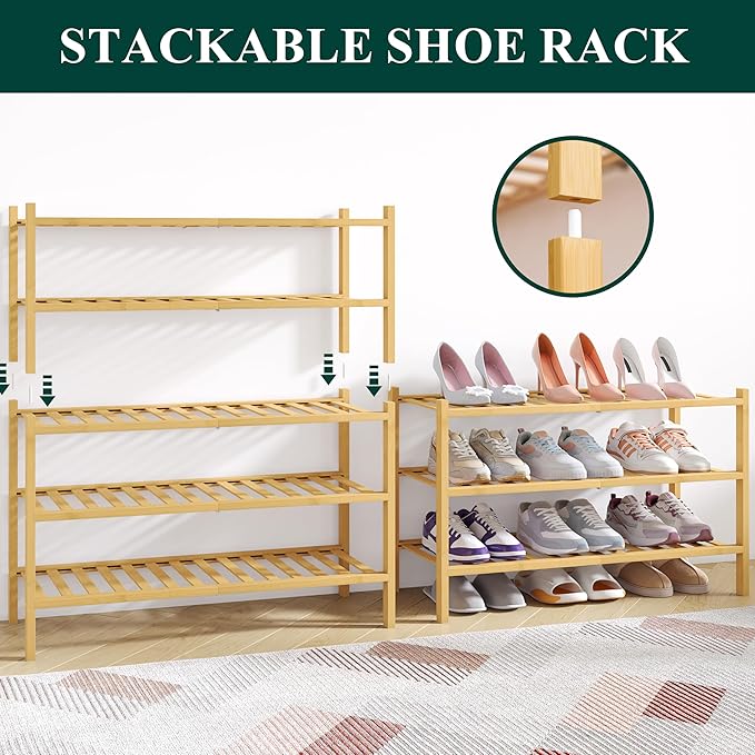 Smiry Bamboo Shoe Rack for Closet, 6 Tier Wooden Stackable Shoe Organizer, Free Standing Shoes Storage Shelf for Entryway, Front Door Entrance, Natural