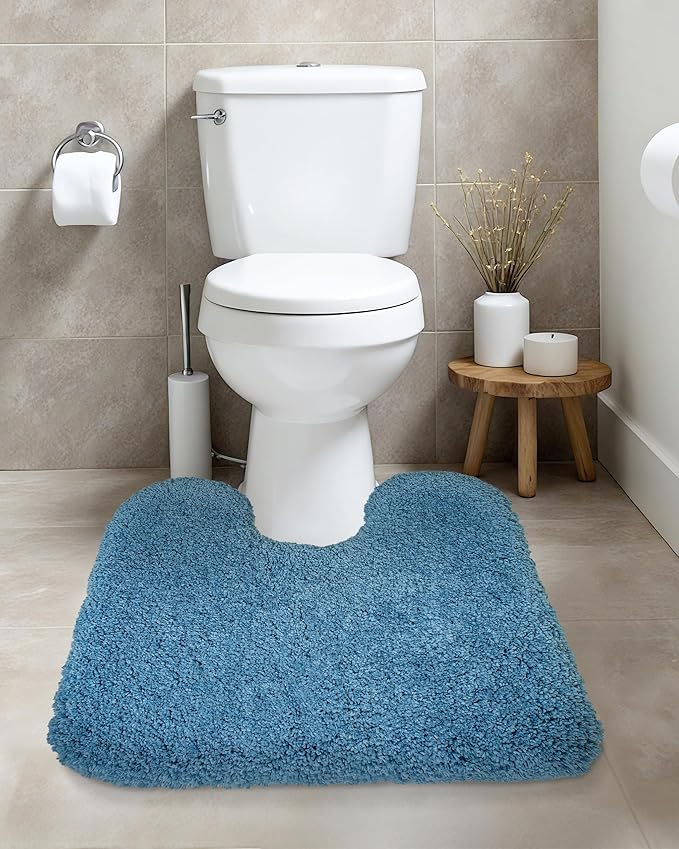ILANGO Blue Toilet Rugs U Shaped 22" × 24" Non Slip & Super Absorbent Extra Thick Soft, Washable Bath Mats for Bathroom Floor, Microfiber Plush Shaggy Contour Bath Rugs for Toilet,Dry Quick