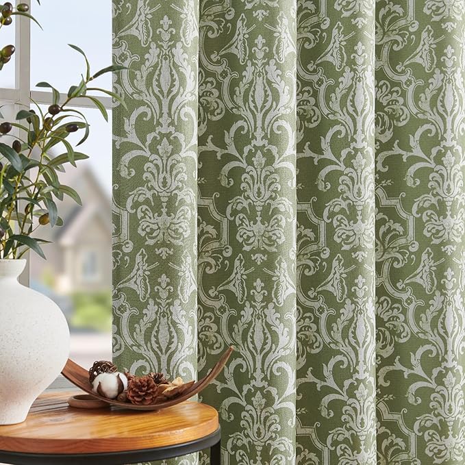 jinchan Room Darkening Curtains for Bedroom Sage Green Damask Patterned Curtains 96 Inch Length for Living Room Linen Textured Vintage 8FT Long Drapes Window Treatments Grommet Top 2 Panels Set