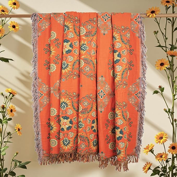Boho Throw Blanket, 100% Cotton Muslin Breathable Soft Bed Throw - Floral Farmhouse Decor Blanket for Sofa Couch Chair and Gift. 60" x 80"- Orange