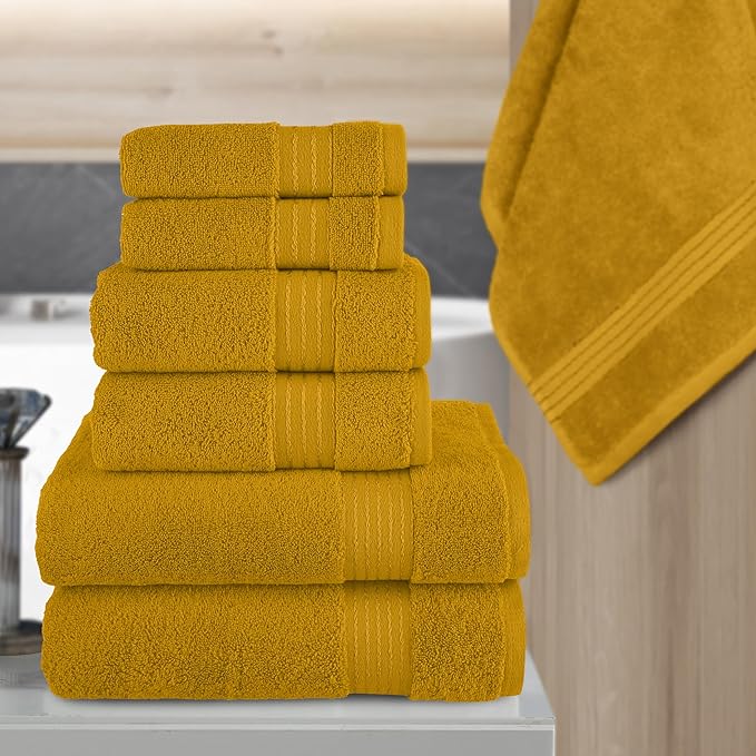 Elegant Comfort Premium Cotton 6-Piece Towel Set, Includes 2 Washcloths, 2 Hand Towels and 2 Bath Towels, 100% Turkish Cotton - Highly Absorbent and Super Soft Towels for Bathroom, Gold