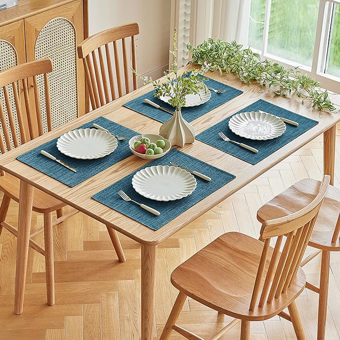 Softalker Faux Linen Placemats Set of 12-12 x 18 Inch, Heat Resistant Double Layered Durable Burlap Farmhouse Place Mats, Non-Slip Washable Rustic Table Mats for Dining, Kitchen, Party(Navy Blue