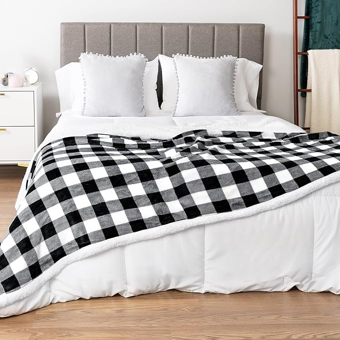 Pavilia Black & White Buffalo Plaid Sherpa Bed Blanket - King, Plush Checkered Fleece & Flannel, Warm Winter Blanket for Couch & Sofa, 90x108