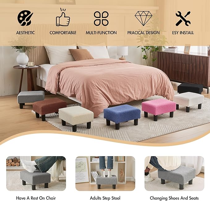 BRIAN & DANY Small Foot Stool Ottoman, Footstool with Legs, Teddy Velvet Foot Rest for Living Room, Bedroom and Office, Grey
