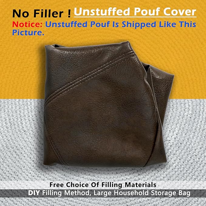 Thgonwid Unstuffed Faux Leather Pouf Cover, Handmade Footstool Ottoman Storage Solution, Floor Footrest Cushion - 16.5”Dx12”H, Matte Coffee