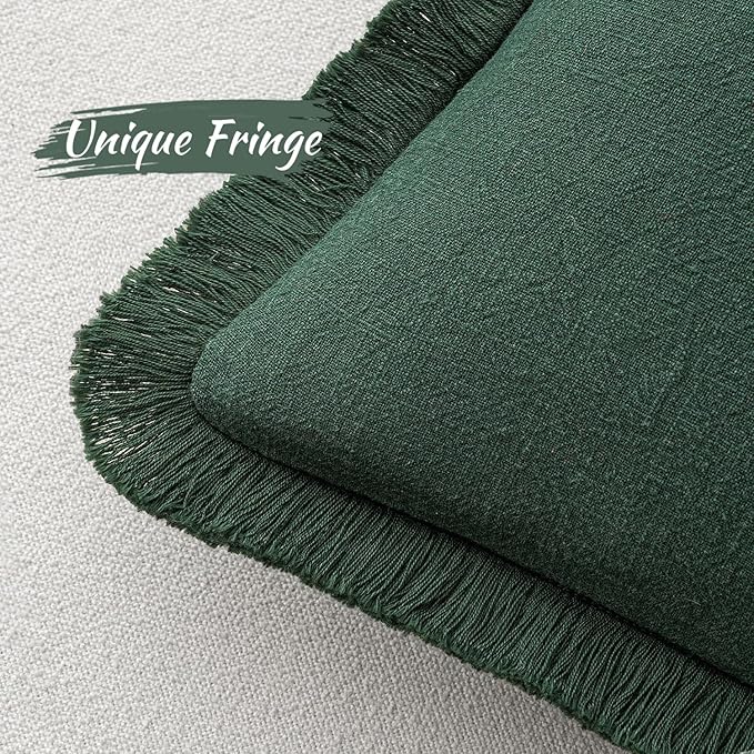MIULEE Decorative Throw Pillow Covers Neutral Linen Fringe Throw Pillows Euro Shams Set of 2 Army Green Boho Farmhouse Cushion Covers for Couch Sofa Bed Living Room Spring Home Decor 24x24 Inch