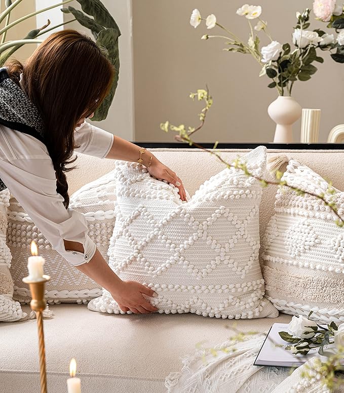 Pure White Decorative Throw Pillow Cover 20X20, Boho Accent Pillow for Couch, Square Modern Farmhouse Pillowcase for Living Room Couch Sofa Cushion Home Décor (Pack of 1)