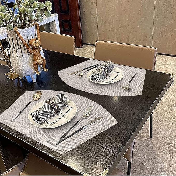 SHACOS Wedge Placemats Set of 8 Woven Vinyl Plastic Placemats for Small Round Table Place Mats Wipe Clean Non Slip Table Mats, Beige White Black