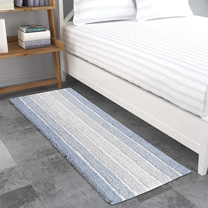 Bathroom Rugs Runner Bath Rug Blue 24x60 Inches Alpine Stripe Non-Slip Cotton Large Bath Mats for Bathroom Floor |Quick Dry Bathroom Mat for Tub Spa Shower|Living Room Entry Way Door Mats