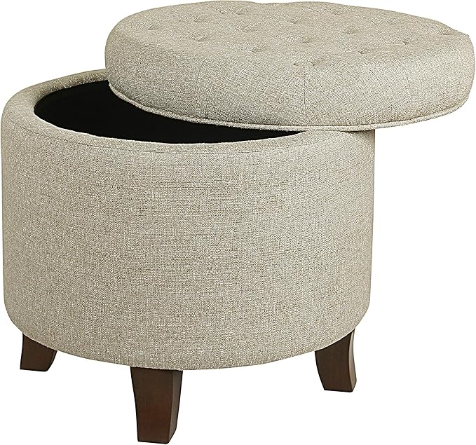 Homepop Home Decor Upholstered Round Tufted Foot Rest Ottoman Ottoman with Storage for Living Room & Bedroom Decorative Home Furniture, Twine Small