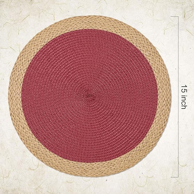Noctiflorous Round Braided Placemats Set of 8 Table Mats 15 Inches Washable Heat Resistant for Dining Table Non-Slip Indoor Outdoor Place Mats for Thanksgiving Christmas Easter(Red Wide Edge 8)