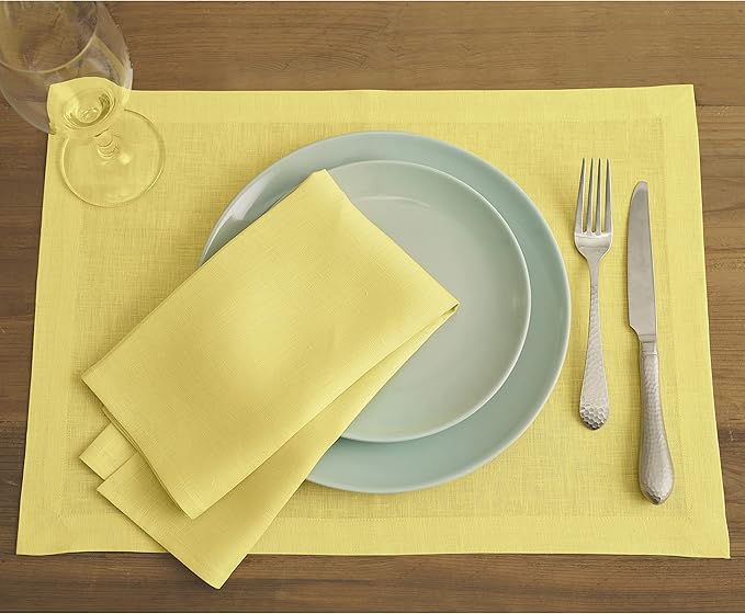 Solino Home Linen Placemats Set of 4 - Sunshine Yellow Placemats 14 x 19 Inch - 100% Pure Linen Table Place Mats for Summer - Fete