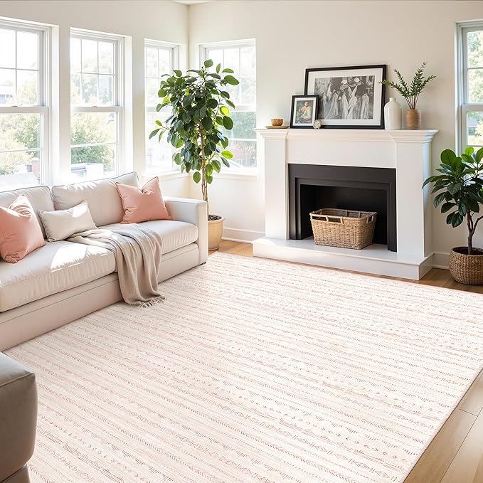 Deerly Pink 3x5 Rugs Boho Moroccan Farmhouse Machine Washable Rug 3x5 Area Rug Non-Slip, Soft Low Pile Indoor Floor Carpet Neutral Rug for Living Room Kitchen Bedroom