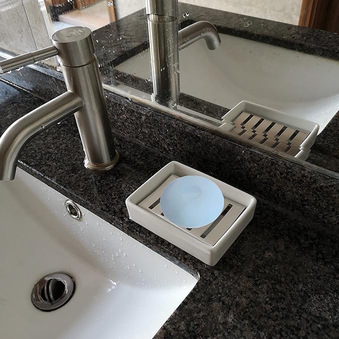 Ceramic Soap Dish Stainless Steel Soap Holder for Bathroom and Shower Double Layer Draining Soap Box