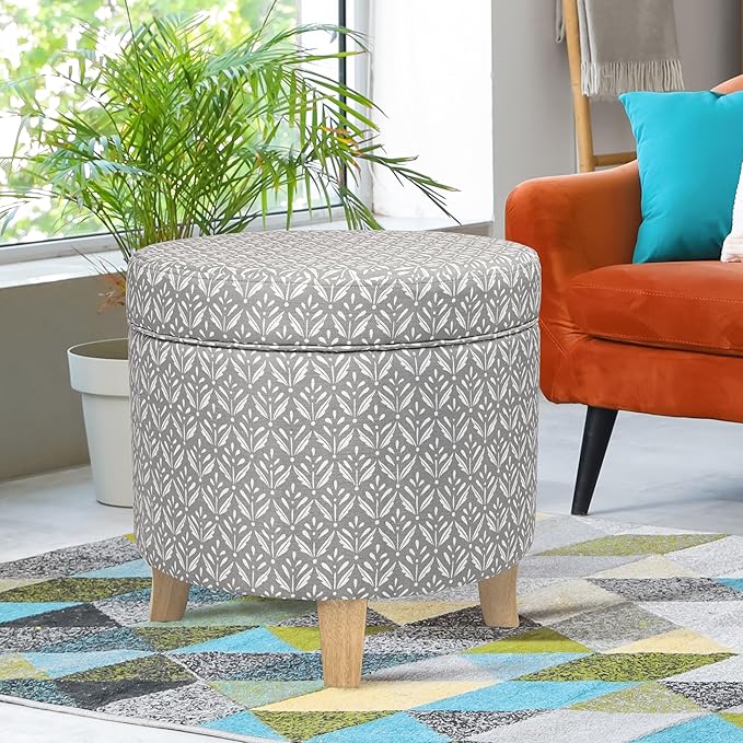 HomePop Upholstered Round Storage Ottoman Home Décor|Upholstered Round Foot Rest Ottoman - Light Grey Print Large