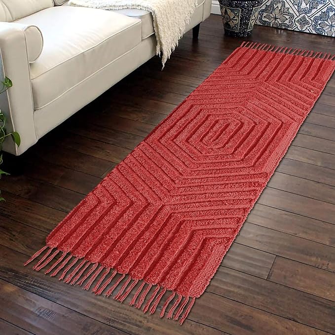 Boho Runner Rug 2x6' Washable Kitchen Rugs with Tassels Indoor Farmhouse Rugs for Bedroom Aesthetic Tufted Rug for Laundry Room Doorway Living Room_Rust Bricks