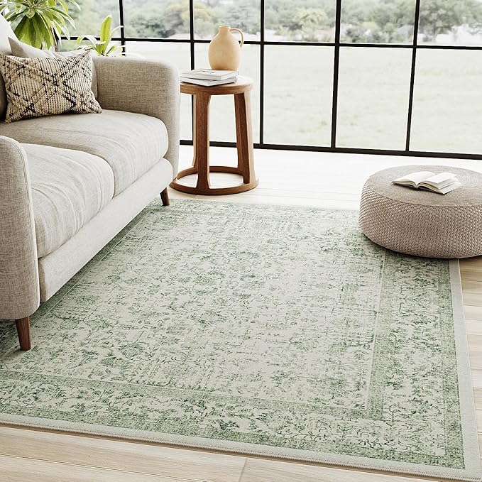 Green Area Rug 3x5 Office Entryway Rug Machine Washable Kitchen Vintage Distressed Non Slip Carpet Indoor Retro Floral Accent Throw Door Mat for Bathroom Bedroom Dining Living Room