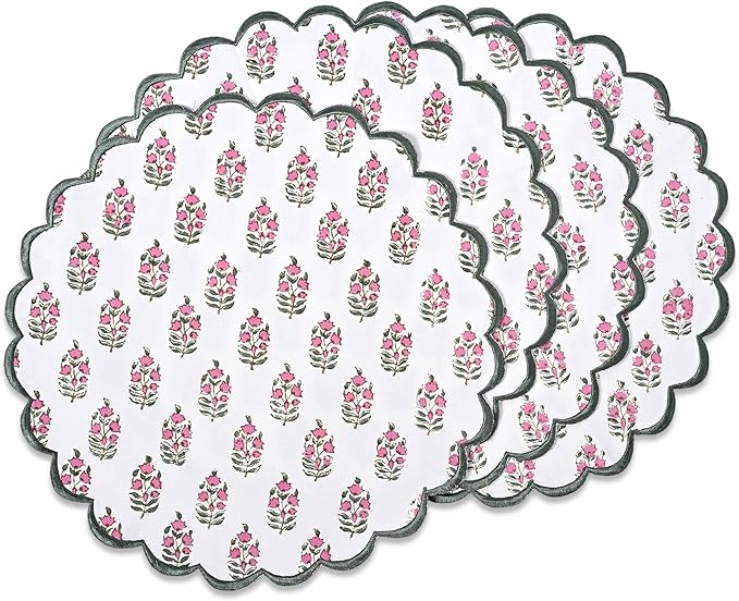 Ridhi Bo-ho Round Place Mat Double Layer Floral Cotton Washable Placemats 15" Round Embroidery Block Print Table Mat (Pack of 4-15 Inch Round, Pink and Green)
