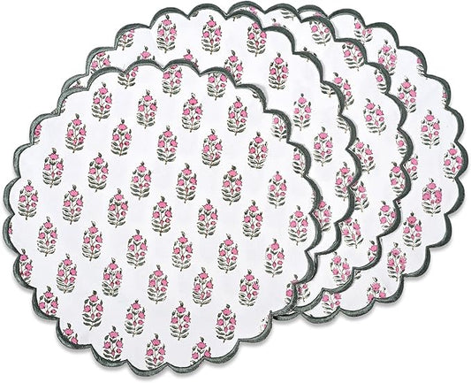 Ridhi Bo-ho Round Place Mat Double Layer Floral Cotton Washable Placemats 15" Round Embroidery Block Print Table Mat (Pack of 4-15 Inch Round, Pink and Green)